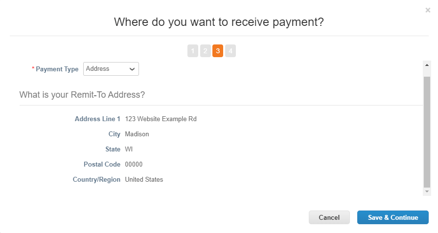 Screenshot of payment information form on the Coupa Supplier Portal.